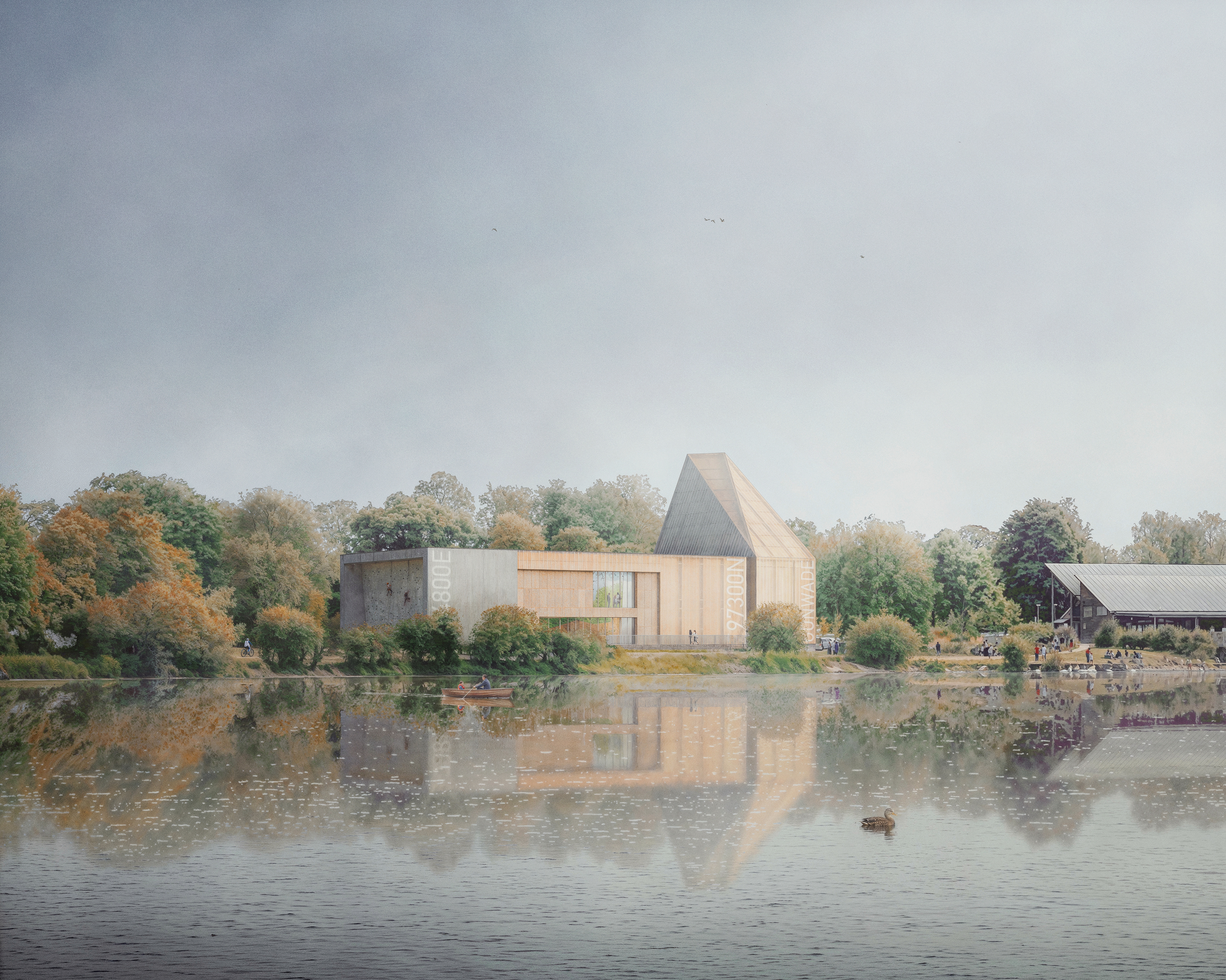 Visualisation of the Nene Park Trust climbing centre at Lakeside, Peterborough, showing its climbing wall and lakeside setting, by Butcher Bayley Architects