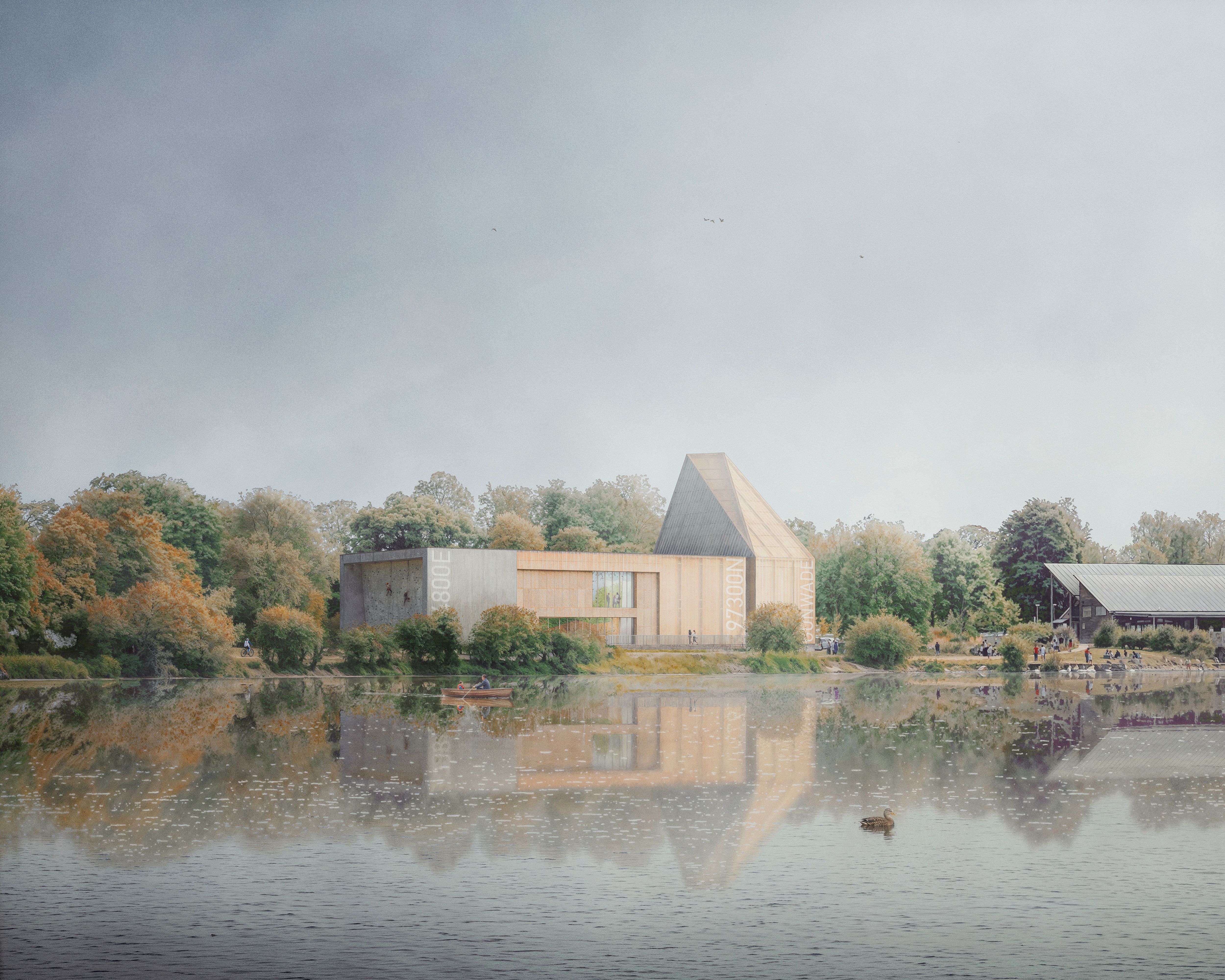 Visualisation of the Nene Park Trust climbing centre at Lakeside, Peterborough, showing its climbing wall and lakeside setting, by Butcher Bayley Architects